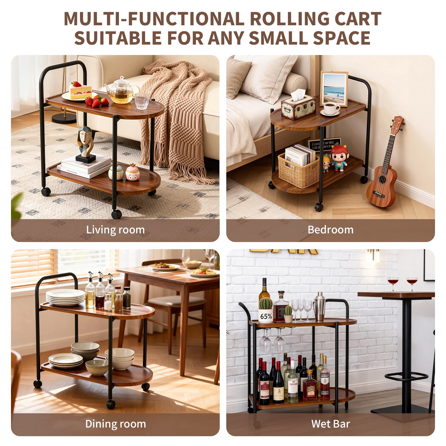 2-Tier Side Table with Wheels, Wood End Table for Small Spaces, Living Room, Bedroom, Kitchen, Rustic Brown