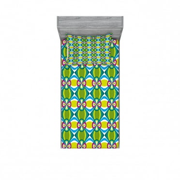 Abstract Bedding Set with Sheet & Covers, Geometric Checked Pattern with Floral Motifs Elliptic Curvy Details Tile Design, Printed Bedroom Decor 2 Shams, 4 Sizes, Multicolor, by Ambesonne