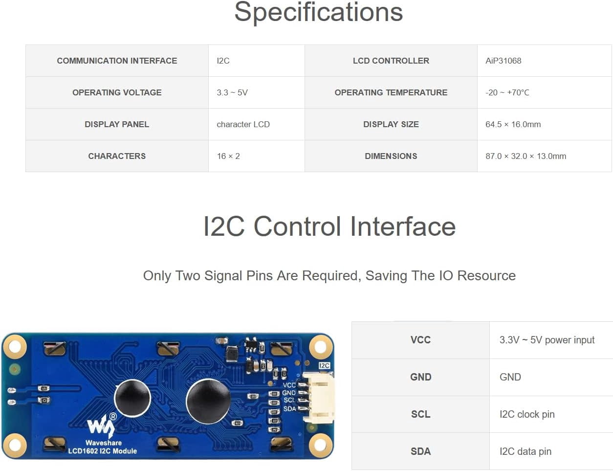 1602 LCD I2C Display Module, White Color with Blue Background 16x2 Characters LCD für / Pico/Jetson Nano/ESP32/Arduino, 3.3V/5V Compatible