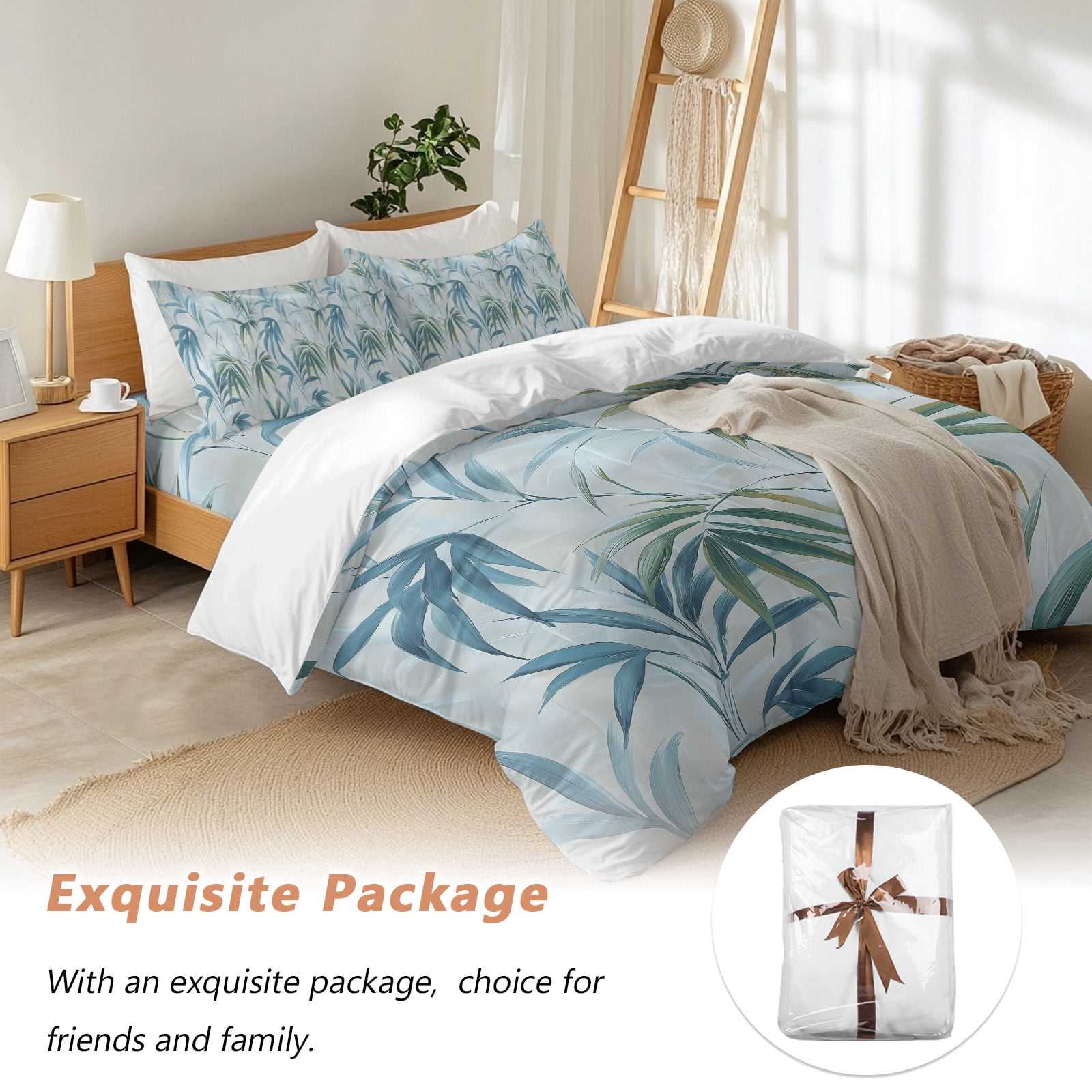 Bamboos Leaf Queen Duvet Cover Set, Green Watercolor Leaves Modernism 4 Piece Microfiber Bedding Set with Zipper Closure, Bed Sheet and 2 Pillow Shams, Soft Bedding Cover