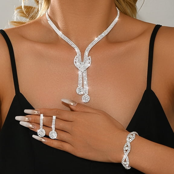 AEXTO Iced Out Crystal Set Tassel Necklace, Dangle Earrings & Eternity Bracelet – Perfect for Wedding, Party – Luxury Silver Jewelry for Women