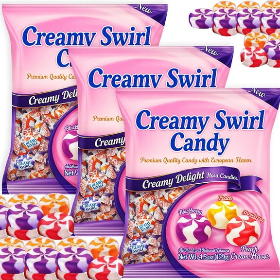 Creamy Delight Swirled Hard Candy 3 Bags, Strawberry Peach & Blackberry Flavor with Rich Cream – Individually Wrapped Gourmet Sweets | Office Travel Halloween Treat Holiday Gift Basket Birthday