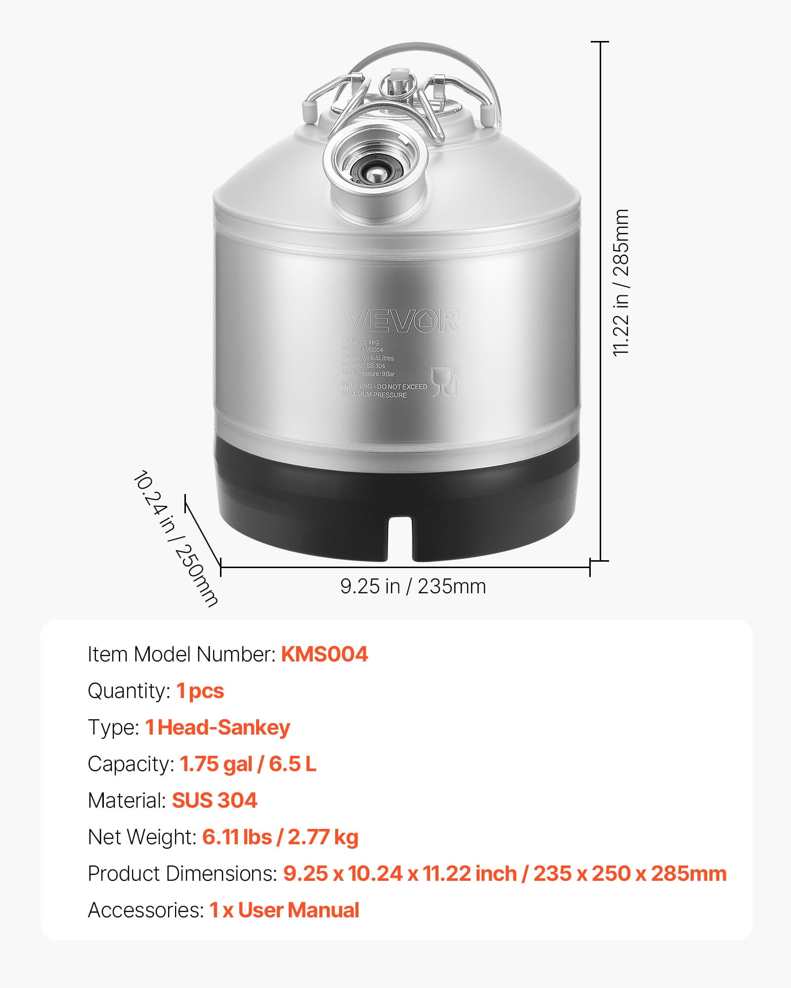 VEVOR Cleaning Keg,1.75 Gallon/6.5L Keg Line Cleaning Kit with D Coupler Connection & Rubber Base,Beer Lines Cleaner Used for Beer Line Cleaning, 304Stainless Steel Kegerator Beers Lines Cleaner Kit