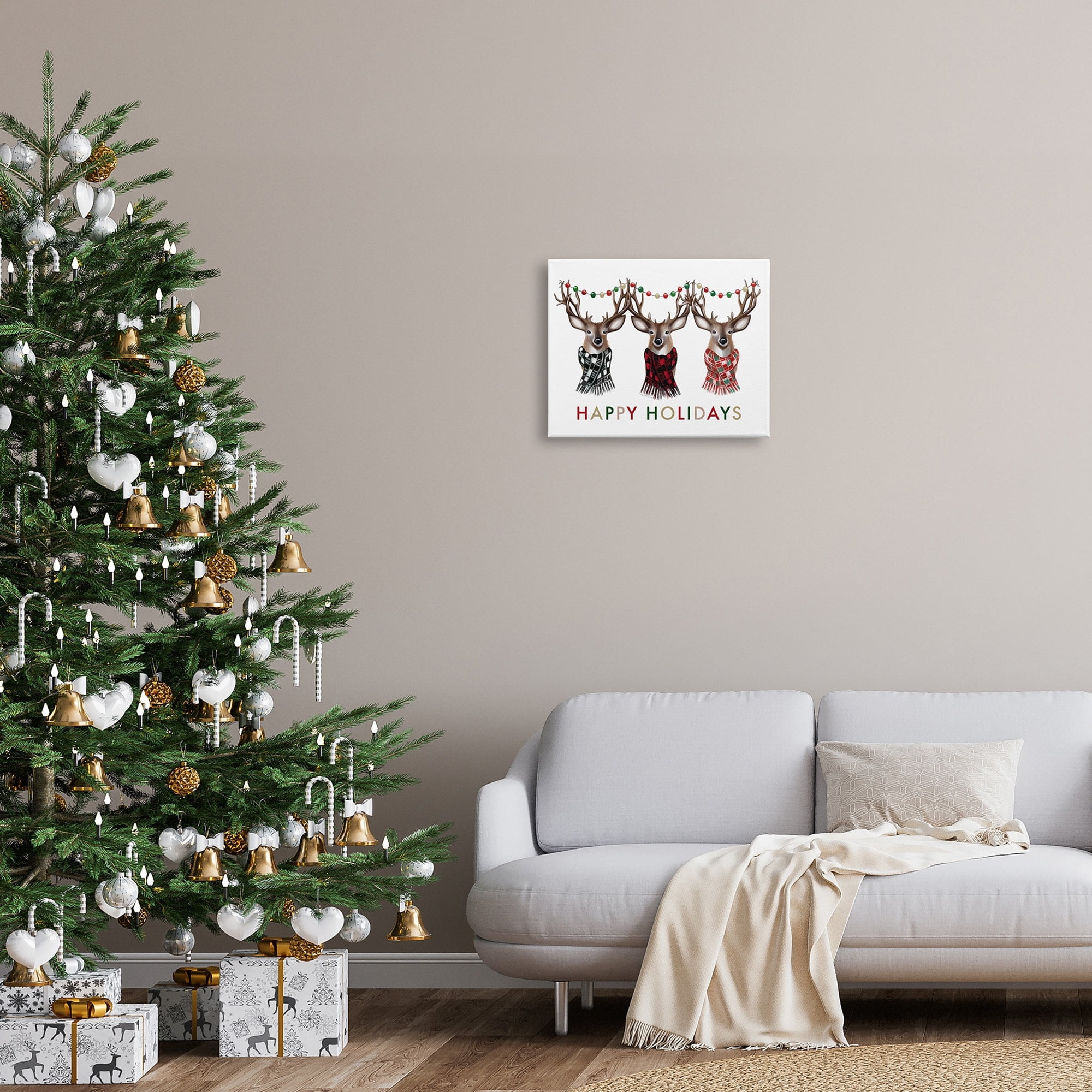 Happy Holidays Christmas Reindeer Antlers Plaid Scarf Animals & Insects Graphic Art Gallery-Wrapped Canvas Print Wall Art