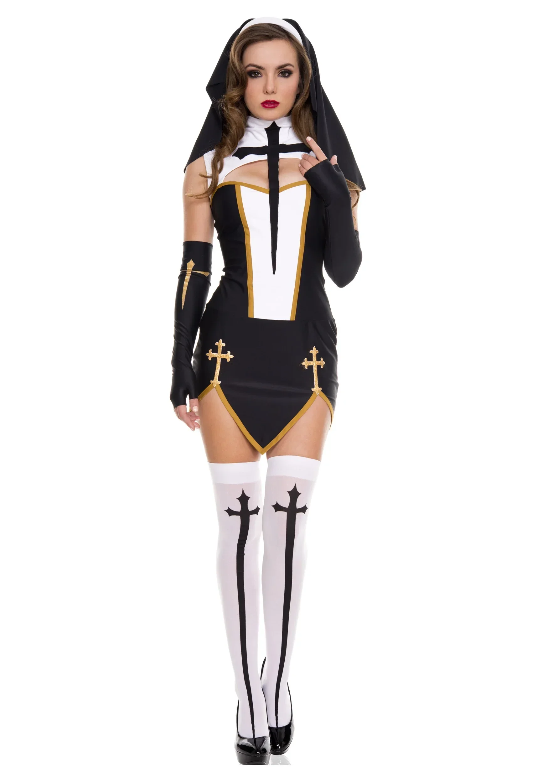 Disfraz De Monja Para Mujer – Velo Blanco Y Vestido Negro Con Cuello – Ideal Para Halloween, Carnaval Y Fiestas De Disfraces – Talla M-L