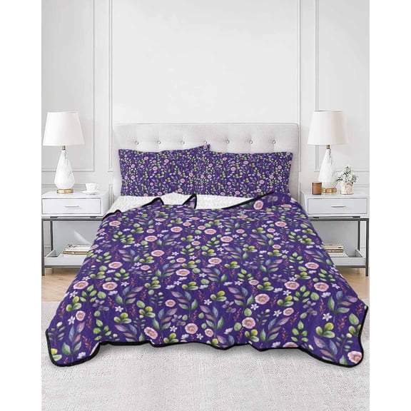 Quilts Queen Size, Purple Pink Wildflowers Soft Comforter Bedding Set for Bed, Pastoral Botanical Leaves Lightweight Quilted Bedspread with Pillow Cover(2 Pieces) for All Season, 90x96 Inch