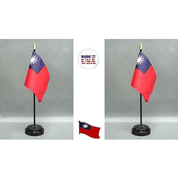 Taiwan Desk Flag Set; Two 4x6 inch American Made Table Flags with Two Bases