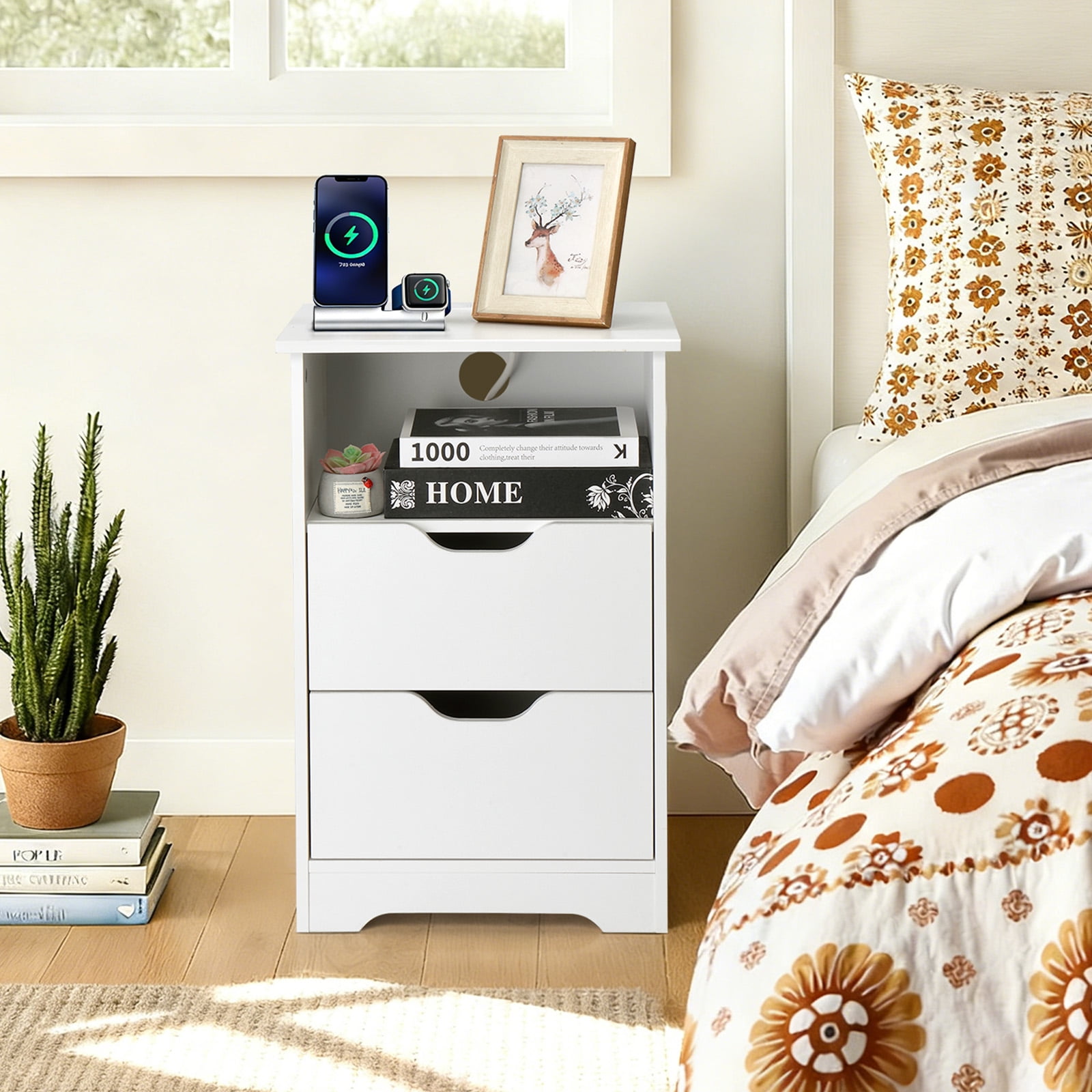 Ktaxon Set of 1 NightStand with Charging Station BedsideTable with 2 Storage Drawers,End Side for Bedroom,Country Style White
