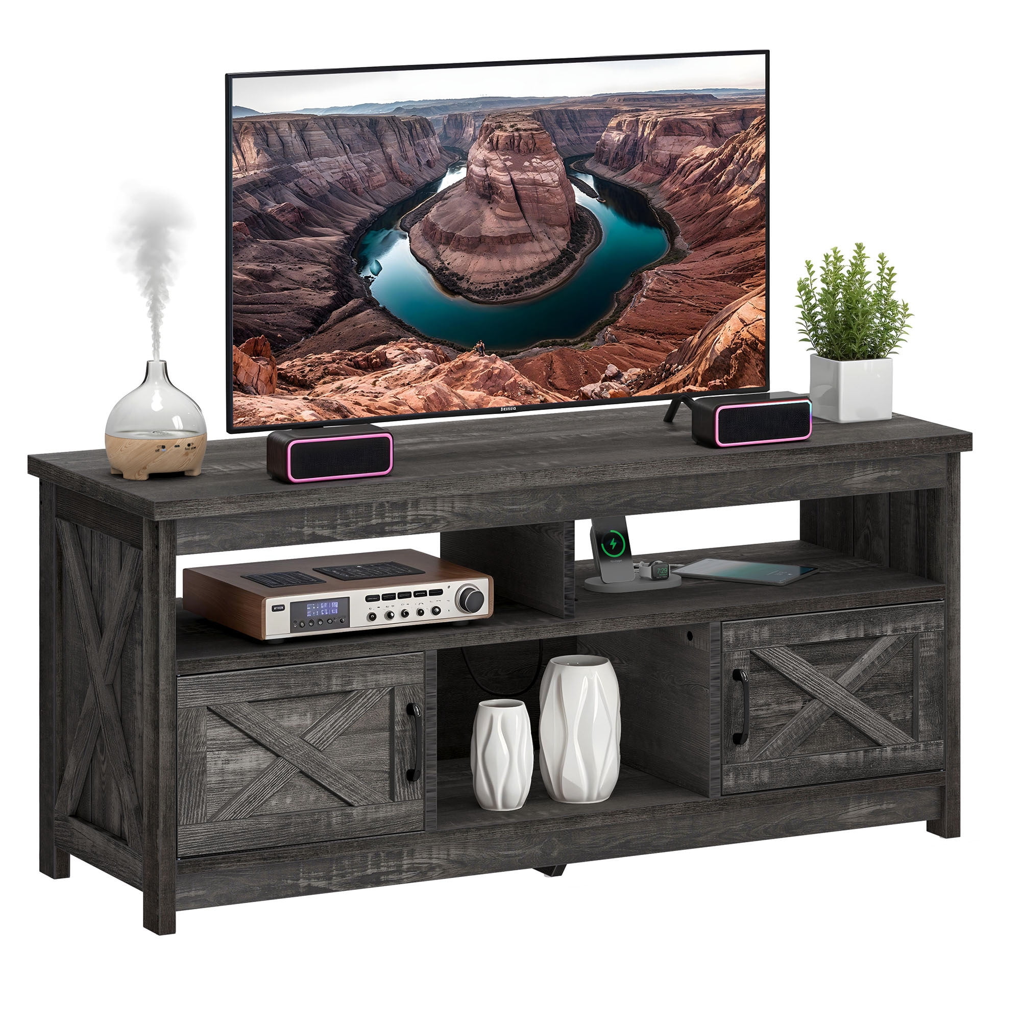 Uforic 59 Inch Rustic TV Cabinet Fits 55/65 Inch TVs, with Side X-Brace Decor, Built-in Charging Station & Partitioned Open Storage Shelves, Home Living Room, Dark Gray
