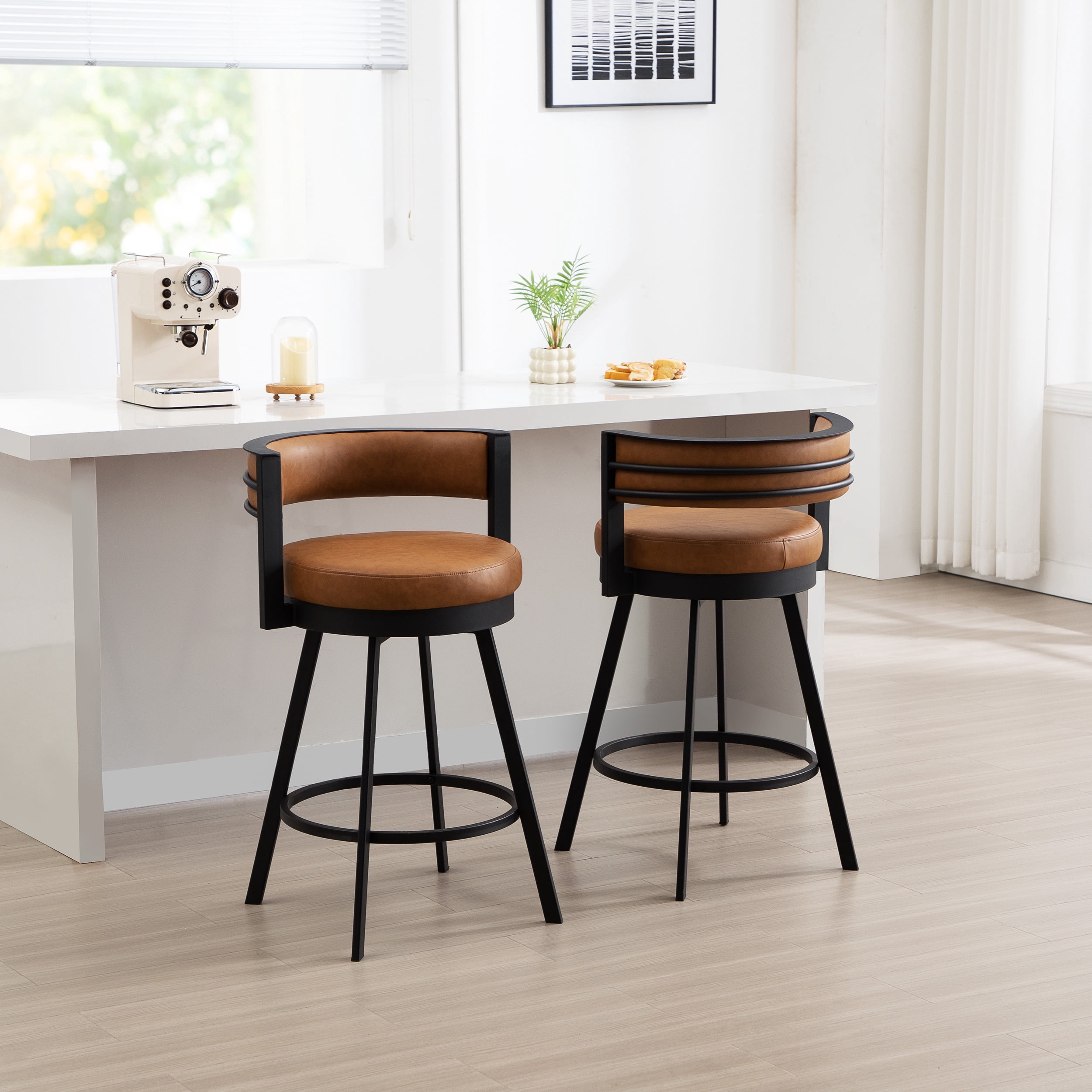Zesthouse 26.6″ Swivel Bar Stools Set of 2, Faux Leather Upholstered Counter Height Chairs with Barrel Back & Matte Black Metal Legs, Modern Barstools for Kitchen Island, Brown