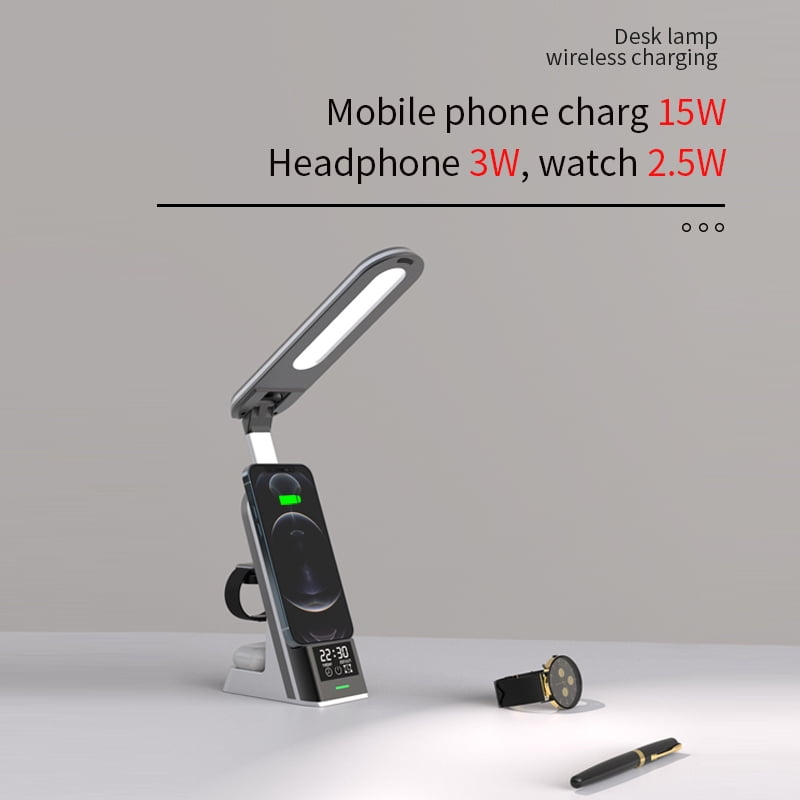 7-in-1 Smart Wireless Charging Station with Eye-Care Desk Lamp & Digital Alarm Clock, 15W Fast Charger for iPhone17/ 16/15/14/13, Apple Watch 1-9/Ultra/SE, AirPods Pro, 180° Foldable Desktop Organiz