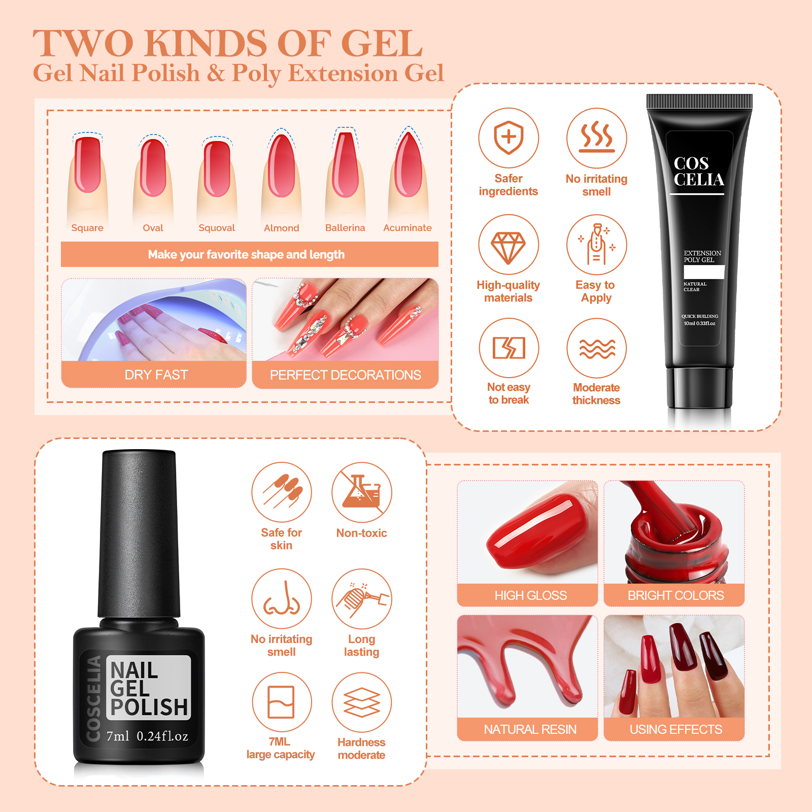 COSCELIA Gel Nail Polish Kit with U V Light Starter Kit and Drill 15PC Gel Nail Polish 3 Colors Poly Extension Gel Kit Top Base Coat Nail Art Rhinestone Gift DIY at Home