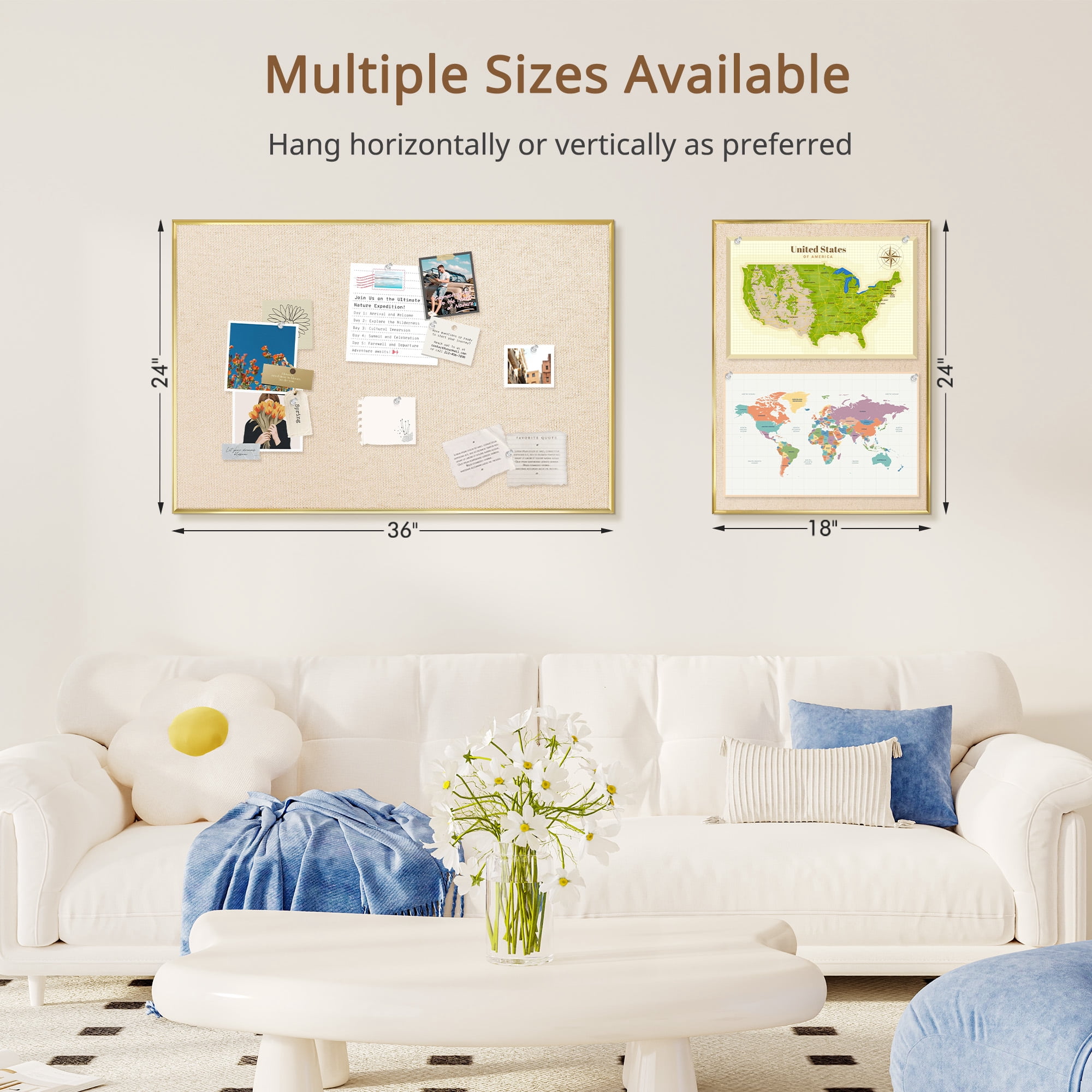DOLLAR BOSS Linen Bulletin Board 36x24 Inches Cork Board for Wall Poster Board with Gold Aluminum Frame Hanging Pin Board Vision Board for Home Office Room Decor with 10 Push Pins