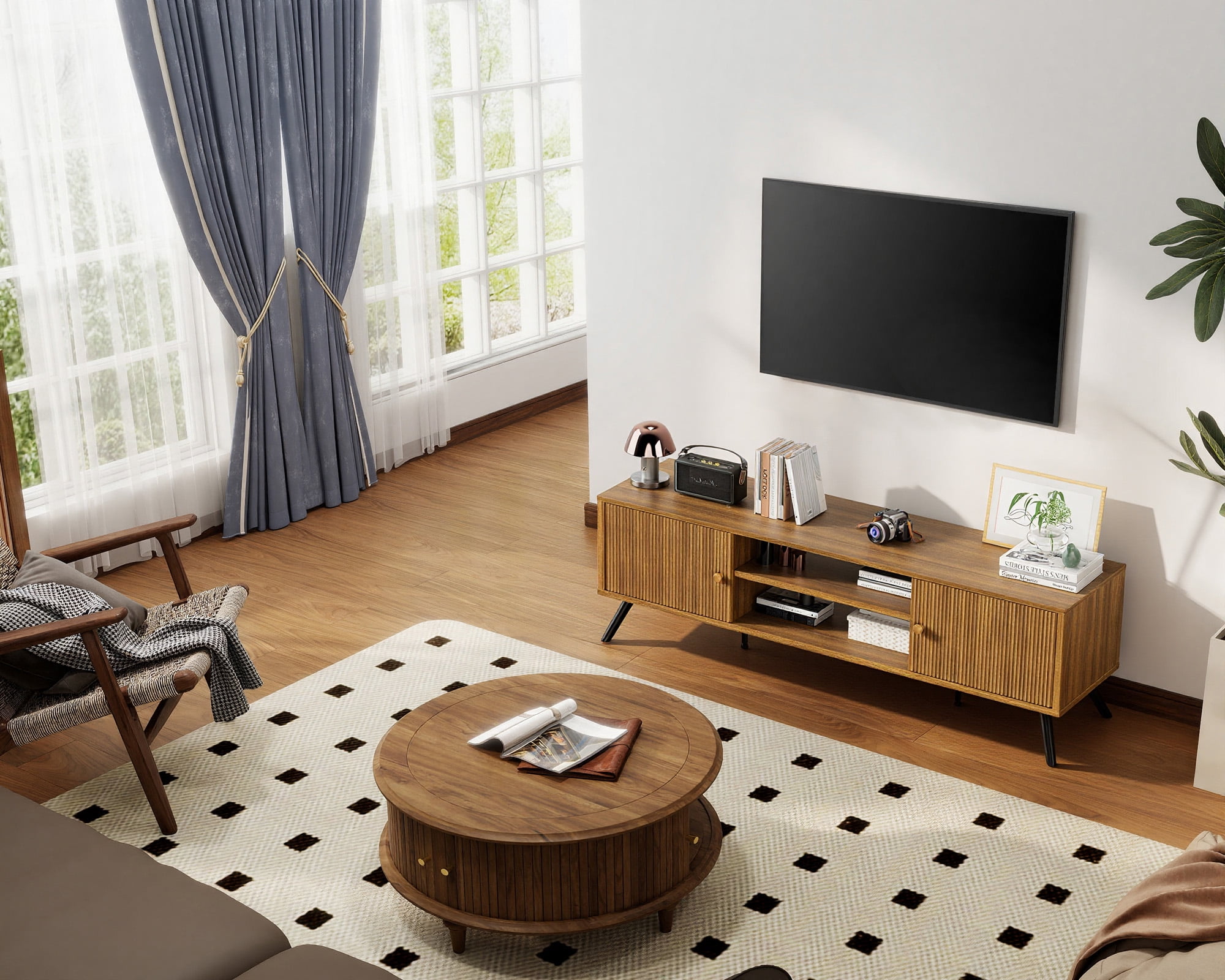 LUCKLIFE 59" Mid Century Modern TV Stand for TVs up to 65", Brown