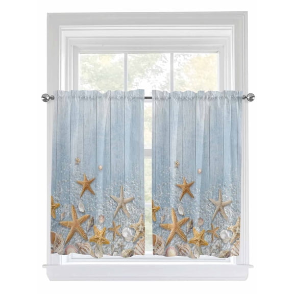 Starfish Summer Beach Bathroom Window Curtain, Coastal Ocean Wooden Sea Shell Light Filtering Coffee Kitchen Curtains, Bedroom Living Room Curtains 2 Panel 84"x45"