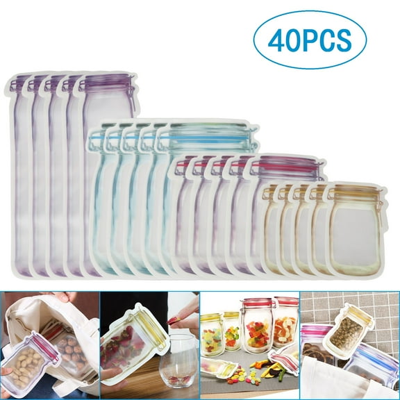 40/20Pcs Mason Jar Bottles Bags, Reusable Food Storage Bags Zipper Sealed Fresh Bags Leak-Proof Food Saver Bags for Snacks Nuts Sandwich Cookies Storage