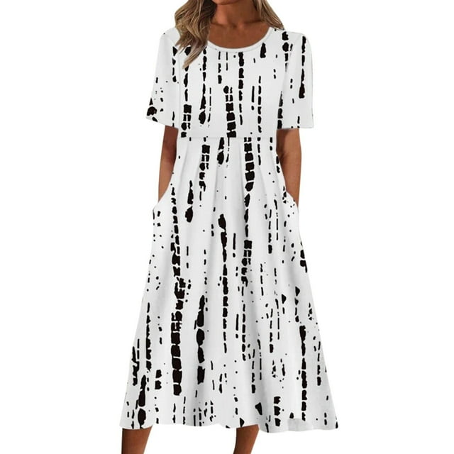 ZAXARRA Robe Longue pour Femmes, Élégante Robe d'Été Décontractée à Manches Courtes Col Rond Imprimé Fleur/encre