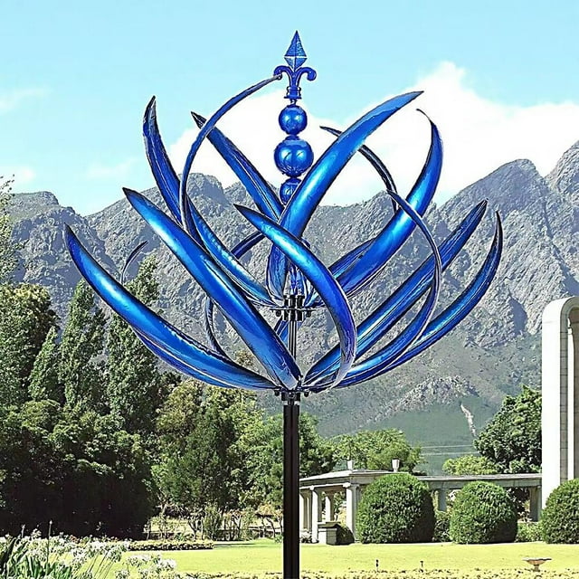 Spinner de viento de 35 pulgadas para esculturas de viento cinético de metal de patio y jardín, regalo de decoración de patio de loto azul, decoración al aire libre