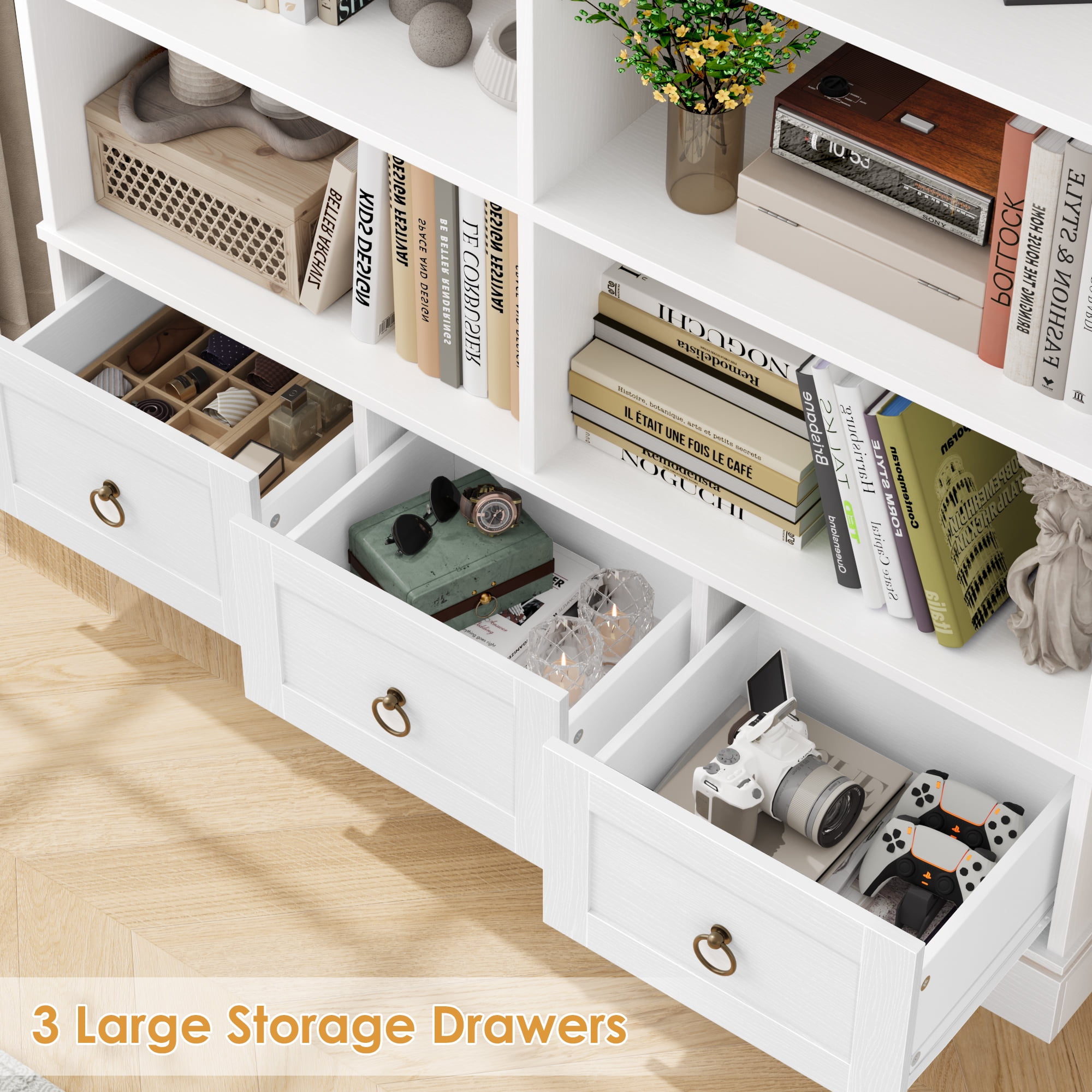 Homfa Tall Bookshelf with Drawers, Double Row 8 Cube 47'' Wide Bookcase for Living Room Office Small Space, White