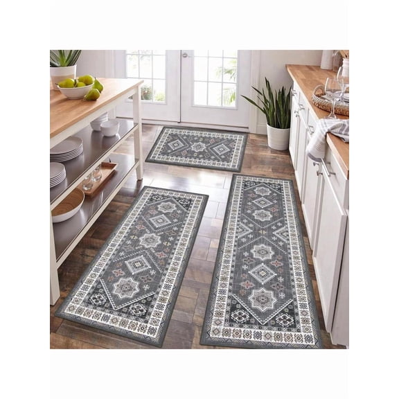 Boho Kitchen Rug Set Natural/Grey Patterned 3-Piece Non-Slip Runner & Mats Washable