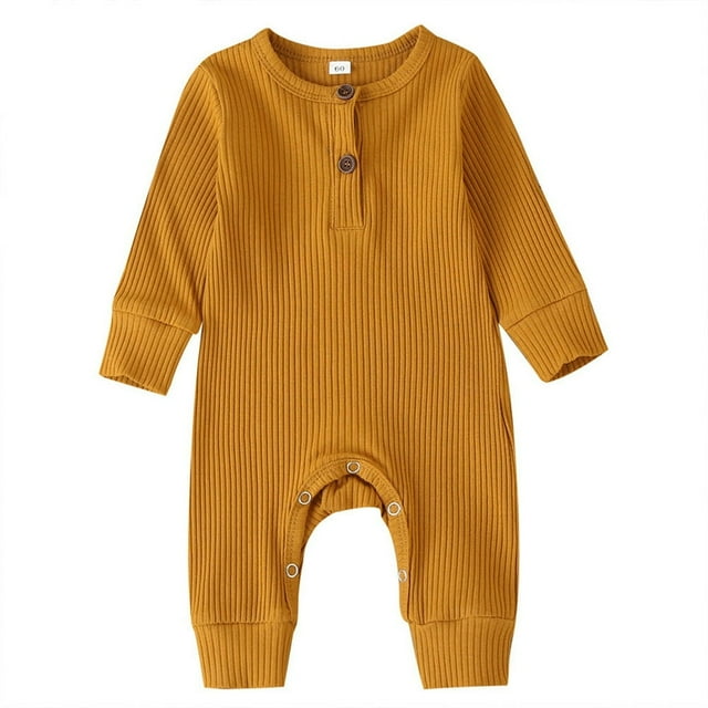 Baby Boy Girl Button Romper One Piece Solid Color Knit Ribbed Jumpsuit