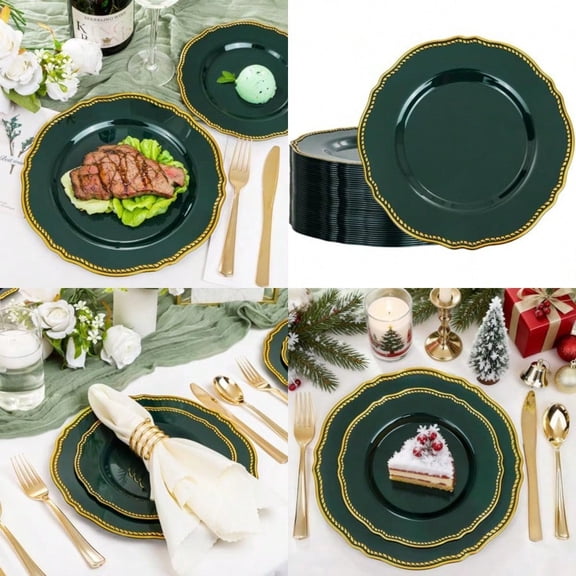 60pcs Green Plastic Plates - Green and Gold Disposable Dinnerware with Gold Rim Heavy-duty 10.25 inch Dinner Plates for Party Wedding