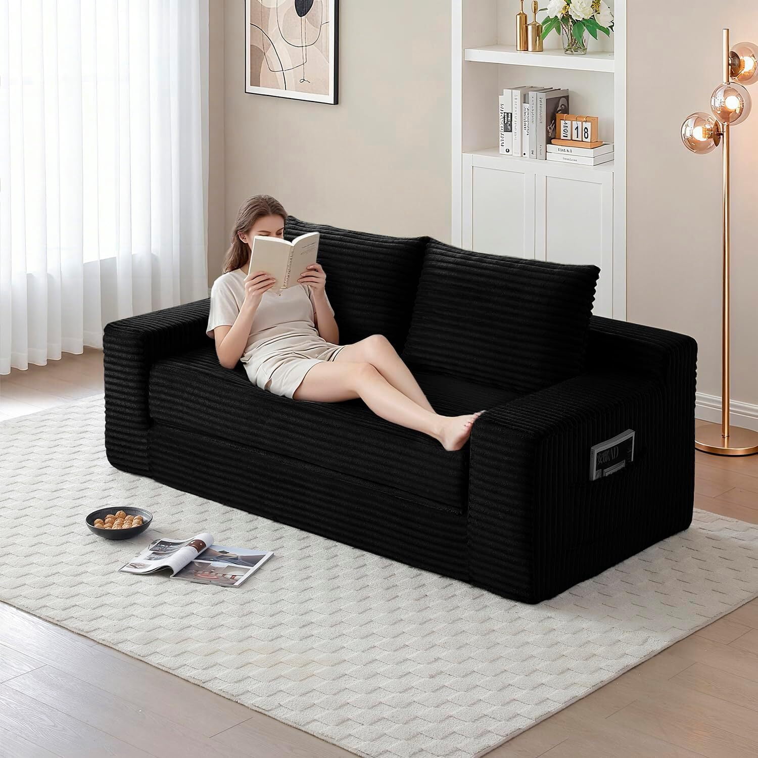 Howcool 73" Boneless Loveseat Sleeper Sofa,2 in 1 Pull Out Convertible Corduroy Floor Couch with Side Storage Pockets & 2 Throw Pillows,Foldable Guest Couch for Living Room,No Assembly Required,Black