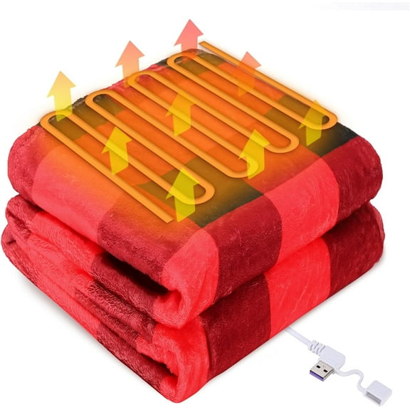USB Powered Electric Heated Checkered Throw Blanket Portable USB Heating Red and Black Blanket for Women 50" X 60" with 3 Heating Levels