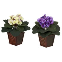 Nearly Natural 10" Plastic African Violet Artificial Plant with Vase (Set of 2), Purple