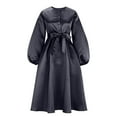 thumbnail image 3 of Oplxuo Satin Swing Cocktail Midi Dresses for Women Elegant Puff Sleeve Button Front A-Line Formal Party Prom Dress, 3 of 5