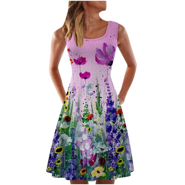 Vestido sin mangas informal sin mangas para mujer, vestido con cuello redondo y estampado floral de verano para la playa Pompotops ghjkhdj1567