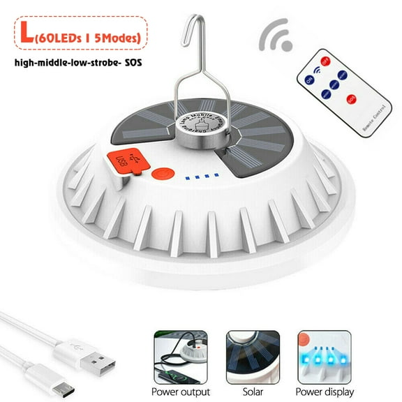PENGXIANG USB Solar Wireless Camping Light with Remote Control Hanging IPX7 Waterproof Tent LED Outdoor Lamp for Hiking Outage Hurricane Cellphone Emergency Charging (120 Lamp Beads)