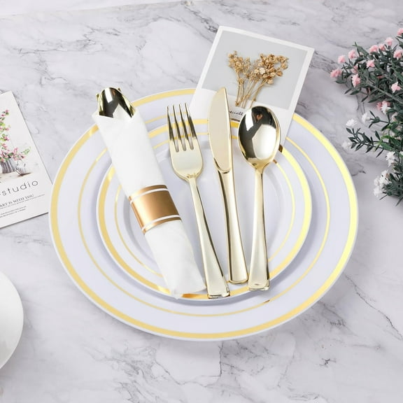 350PCS Gold Plastic Dinnerware Set