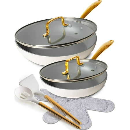 

stick Frying Pan Set-8PC & White Pan Set with Lids Toxic Oven Safe Induction Safe Includes 8 & 11 White Pans with Lids & Cooking Utensils- Kitchen- Pots and Pa