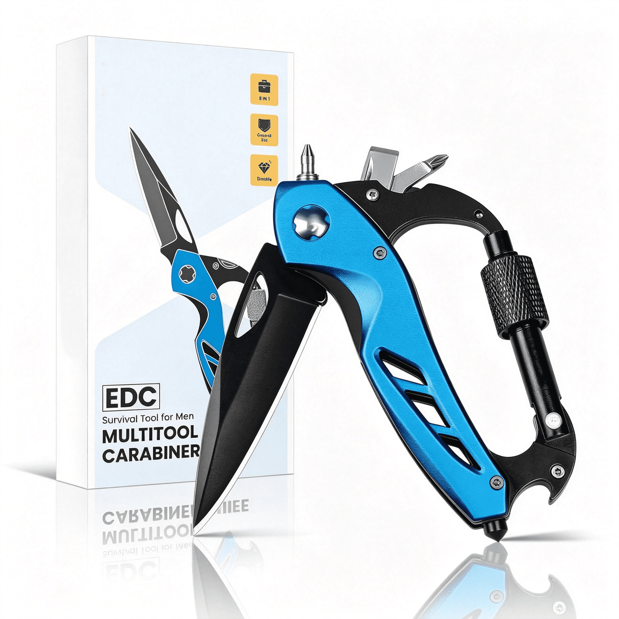 EXLEAF Edc Multitool Carabiner with Knife Bottle Opener Window Breaker and Screwdriver Survival Knives Tools for Men Outdoor Camping Carabiner Multitool (Blue)