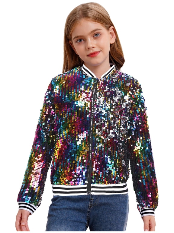 Kids Girls Sequin Bomber Jacket Sparkle Long Sleeve Zipper Party Jacket Outwear Coat Colorful 6