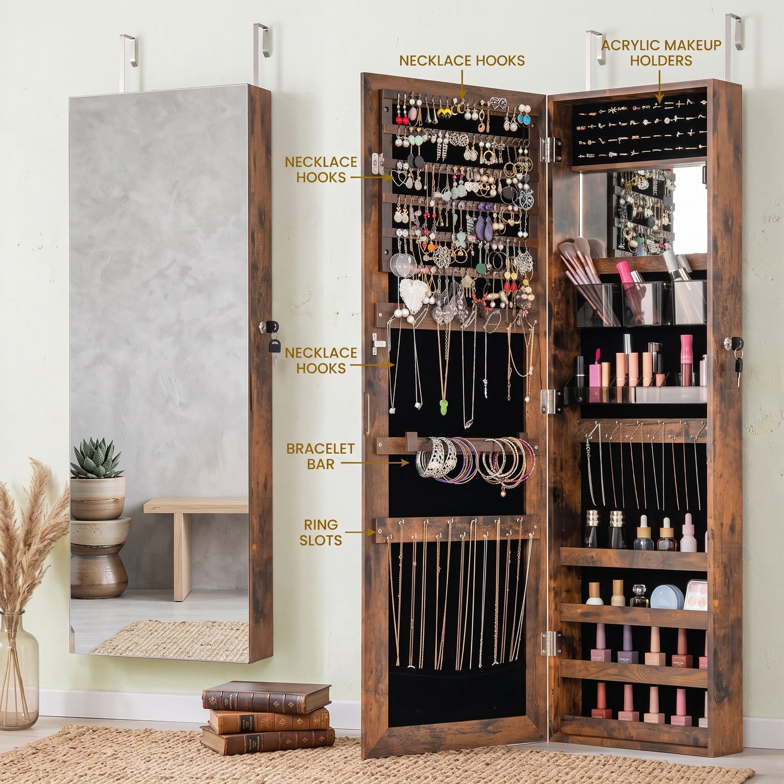 Furnibear 43.5 Inch Jewelry Armoire Cabinet with Full Length Mirror and Adjustable Hangers for Bedroom and Entryway, Rustic Brown