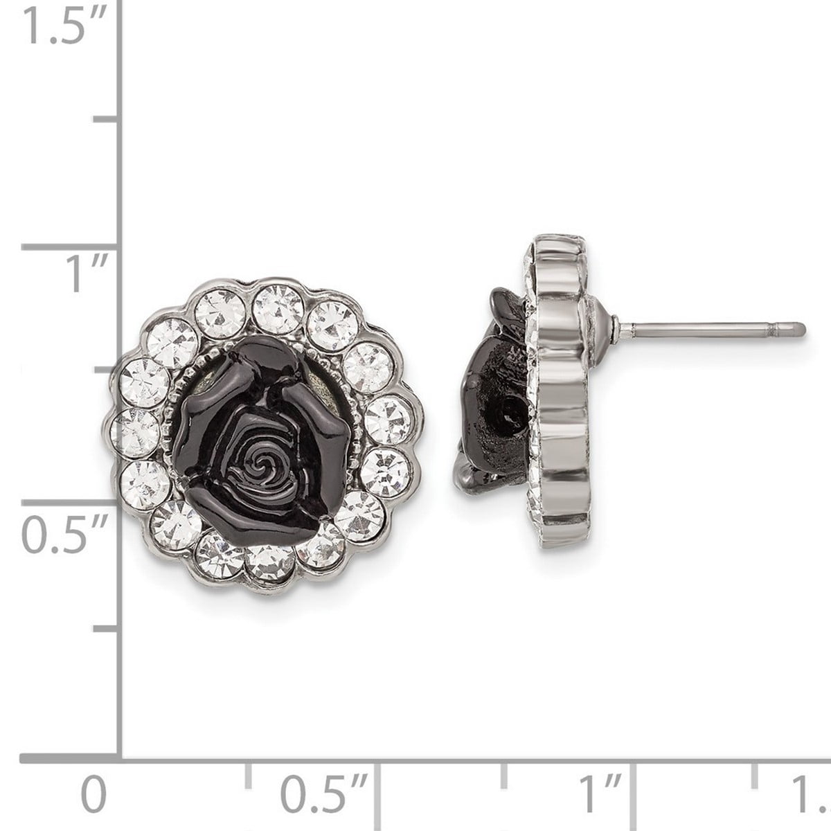 Silver-tone Black Flowers and Clear Crystal Post Earrings 17x17mm Wide Stud Earring for Women
