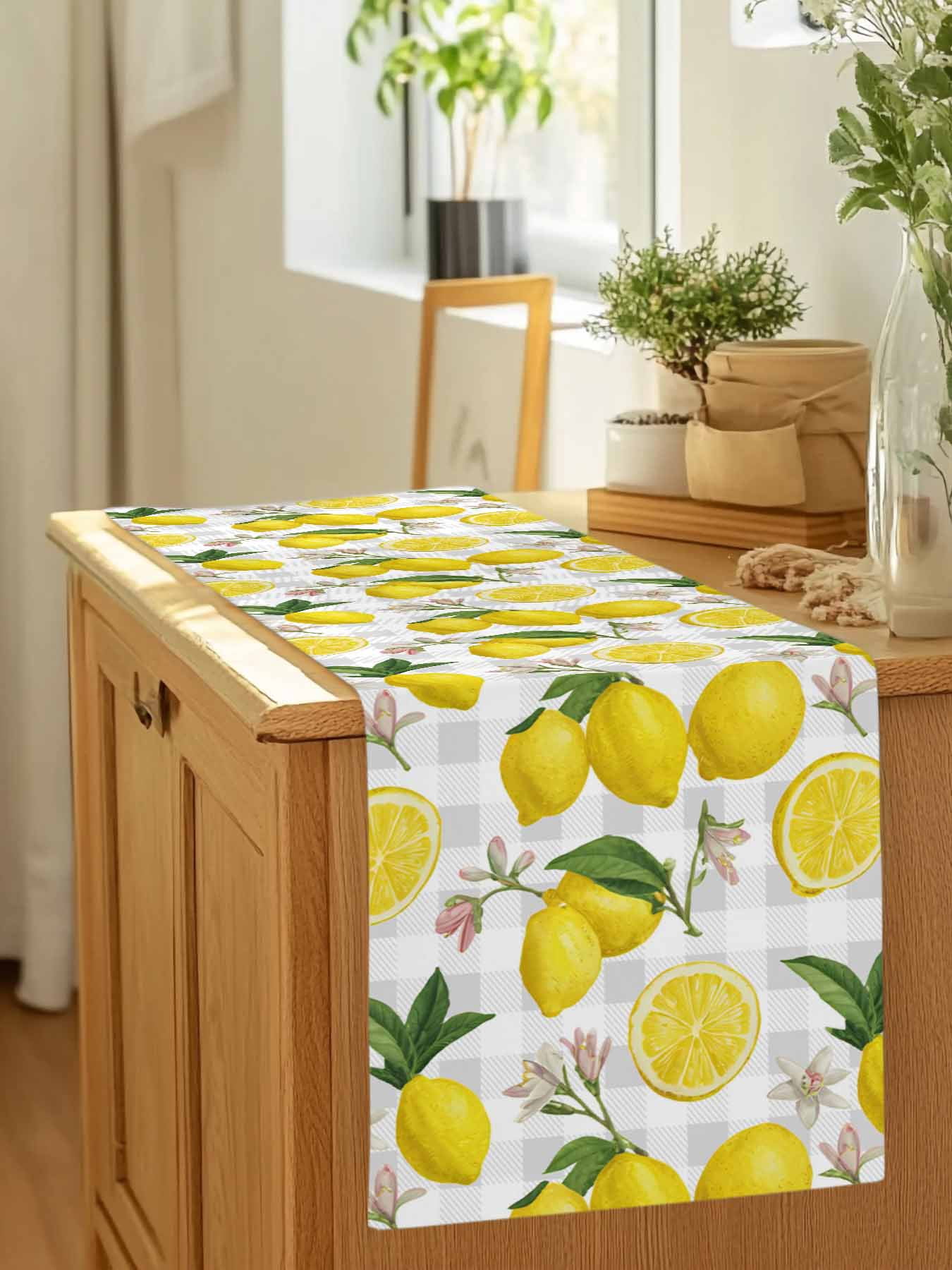 Summer Lemon Flower Leaves Table Runner 90 Inches Long, Grey White Plaid Lattice Table Runners Tabletop Scarf Kitchen Dining Tables Decoration for Home Party Indoor Outdoor