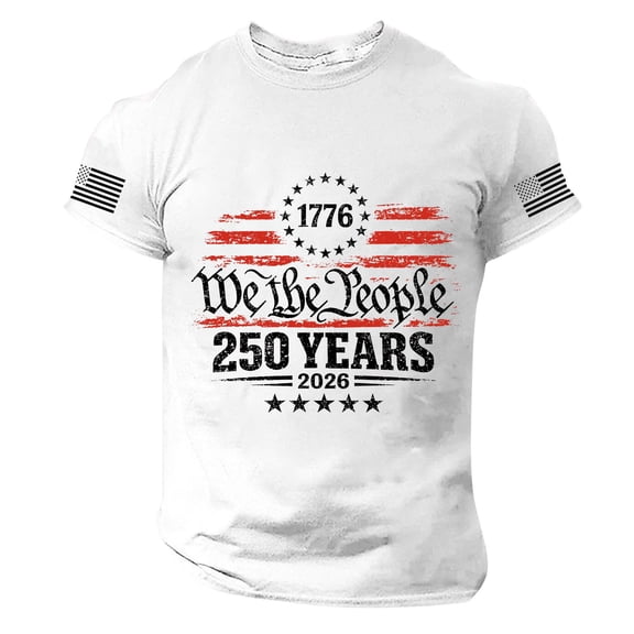 CIENVNSTG Mens Short Sleeve Crew Neck T Shirt 4th of July 250th Anniversary USA Flag Print with Letter Graphic 1776-2026 Patriotic Casual Fit for Celebrations White 4XL