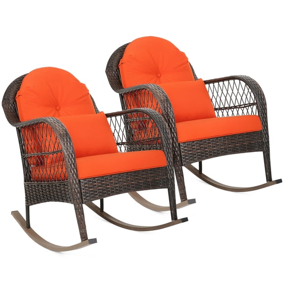 Gymax 2PCS Patio Rattan Wicker Rocking Chair Rocker Outdoor Furniture W/ Cushion