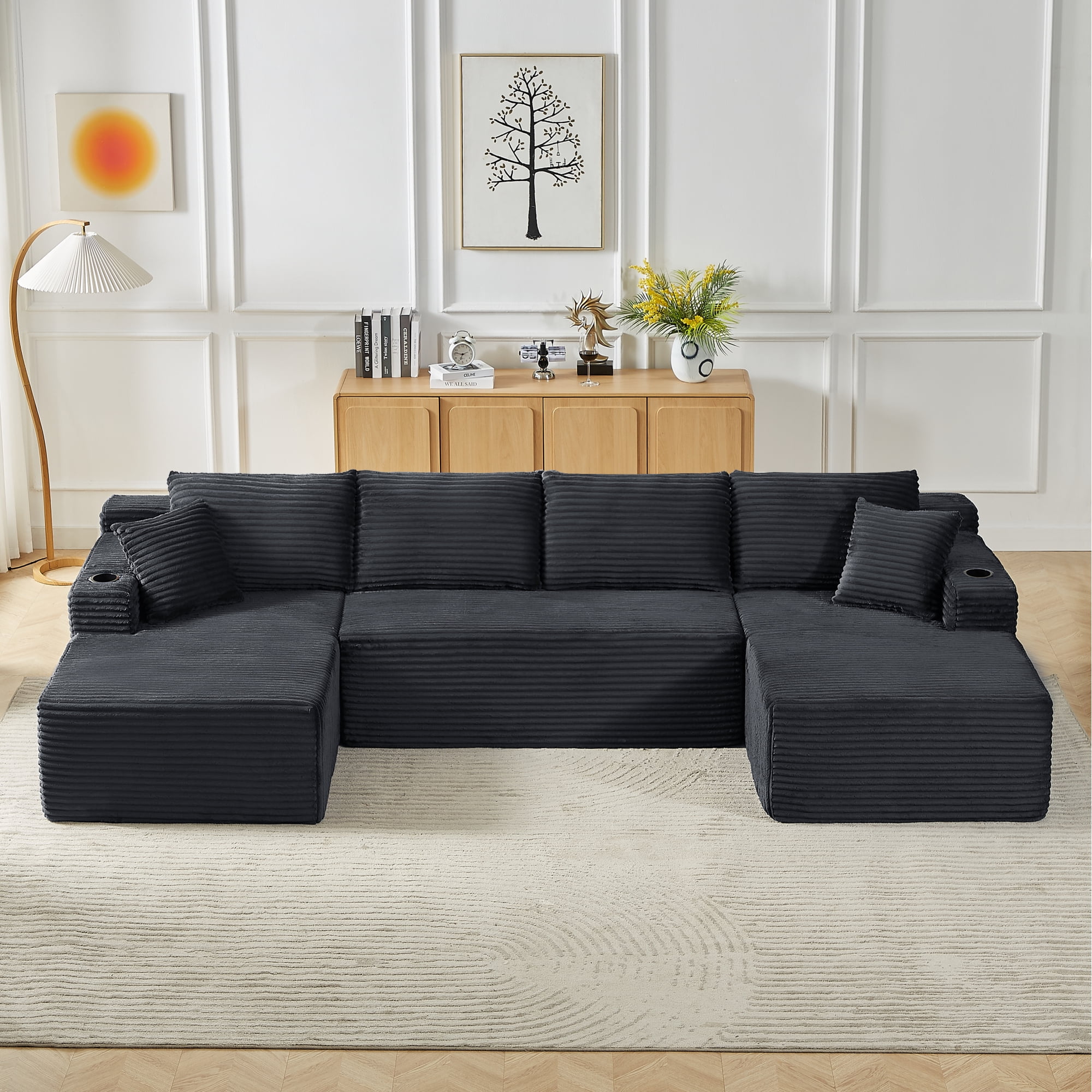 Leumius 133" Oversized Boneless Sectional Couches for Living Room,Modern Corduroy U Shaped Modular Sectional Sofa with Deep Seat,6-Seat Cloud Couch with Cupholders and Side Pockets,No Assembly