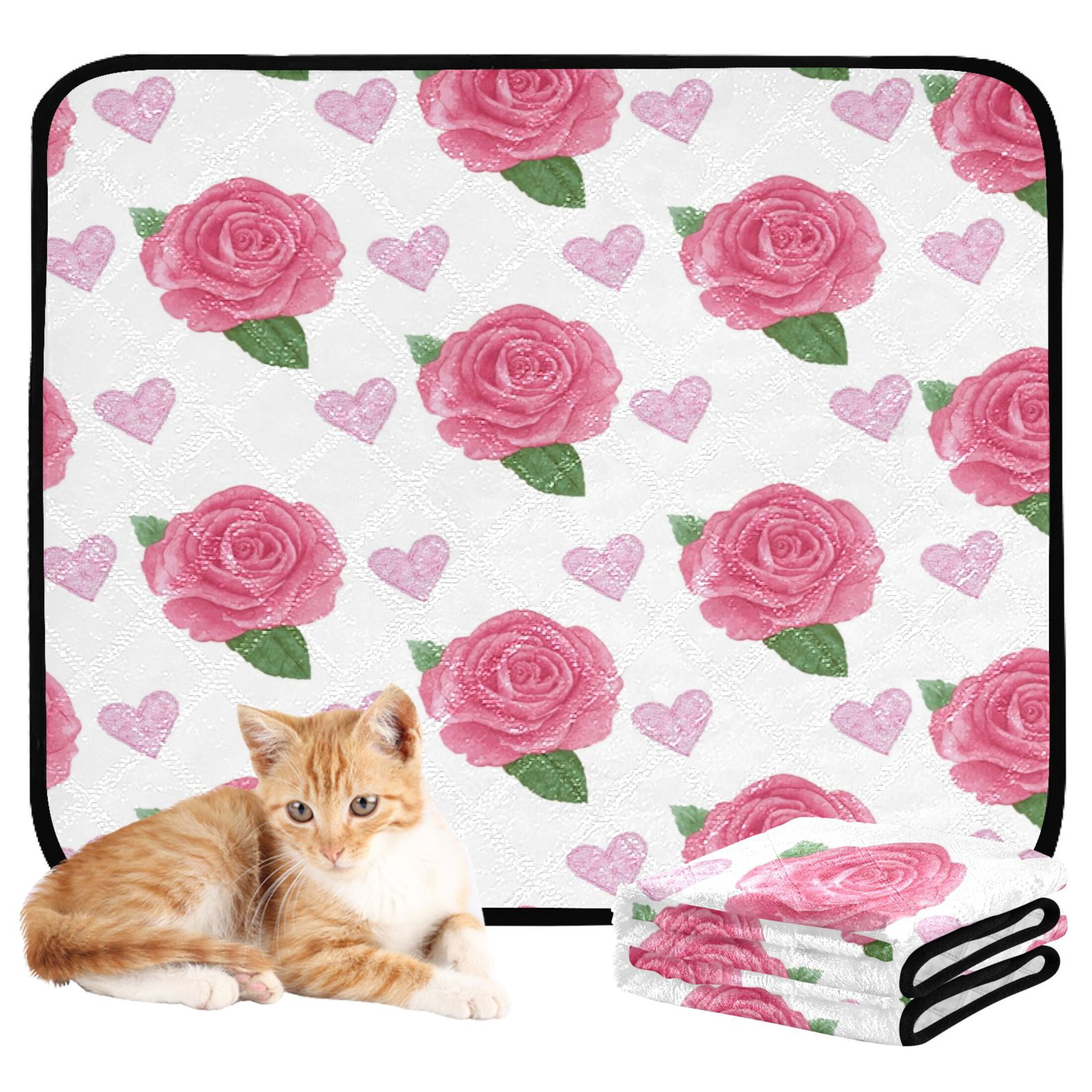 Washable Pet Pee Pads Soft Plush Absorbent Mat Non-Slip Floor Protector for for Dogs & Cats Pink Roses and Red Hearts