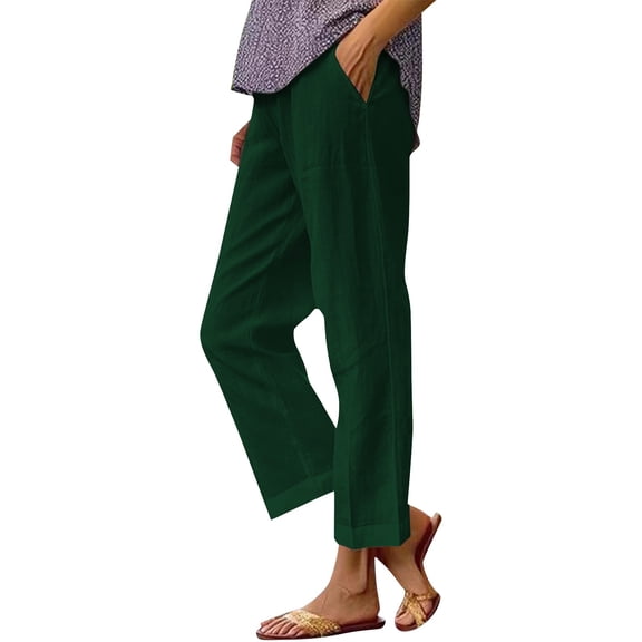 BODOAO Cropped Pants for Women Loose Pocket Cotton and Linen Casual Pants Army Green L