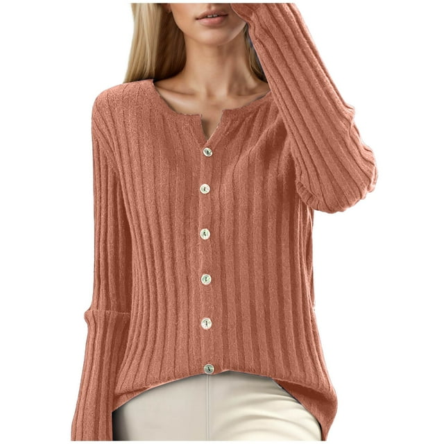 MIASHUI Cardigan en Tricot Ajusté à Col Rond pour Femmes, Chandail Confortable à Manches Longues Doux Uni pour Femmes Orange,G