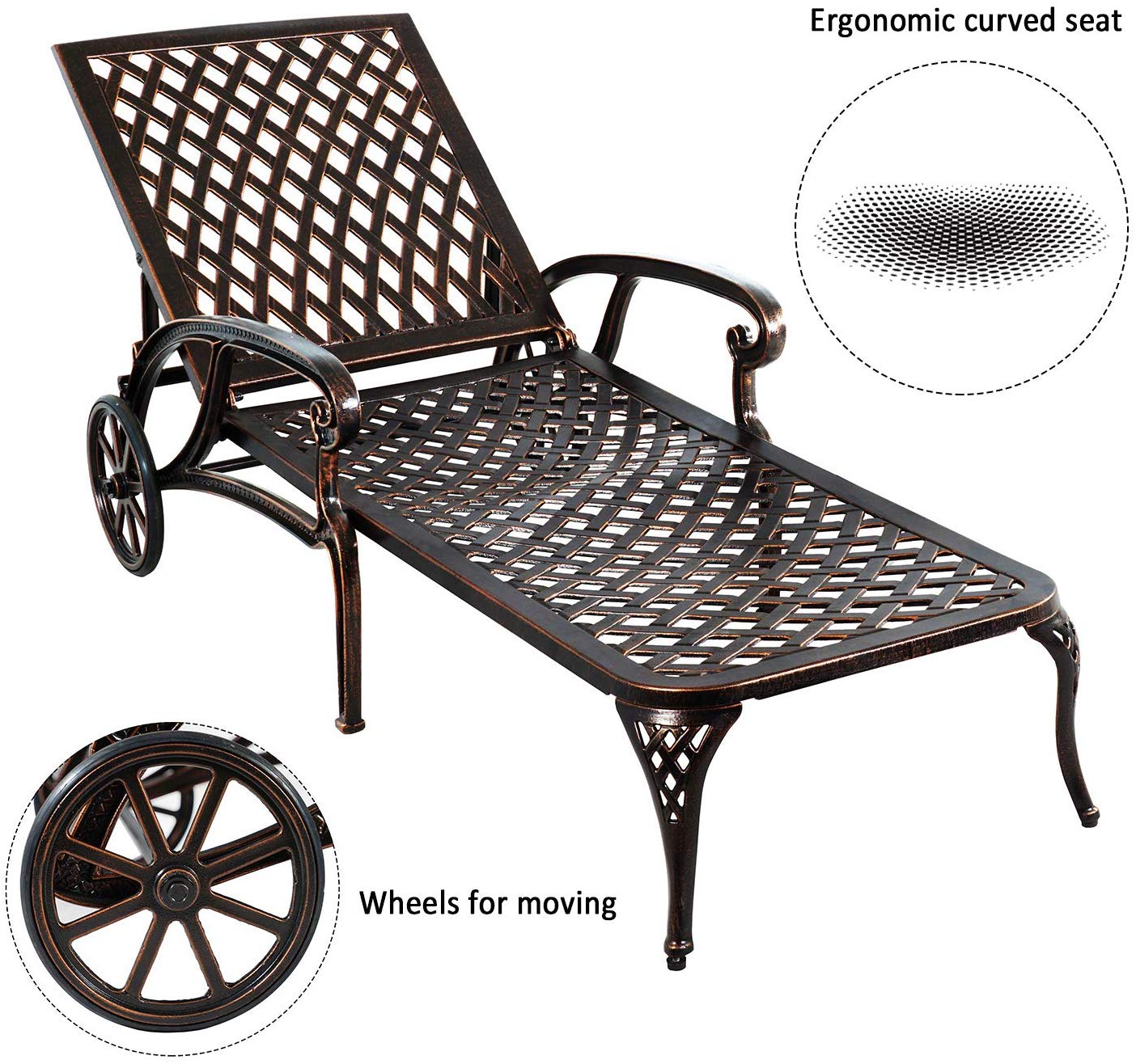 Aluminum Cast Poolside Chaise Lounge with 5 Adjustable Reclining Positions and Wheels, Weather-Resistant Outdoor Lounger for Patio and Deck, Brown