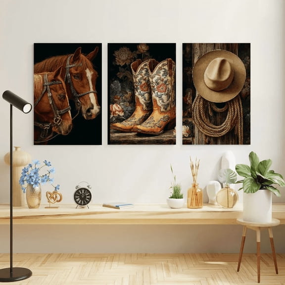 3pcs with frame -Western art horses boots hat triptych Theme Canvas Wall Art Framed Painting, 2D Flat, Suitable for Halloween, Christmas, Indoor Decoration, Bedroom, Living Room, Bathroom, Home