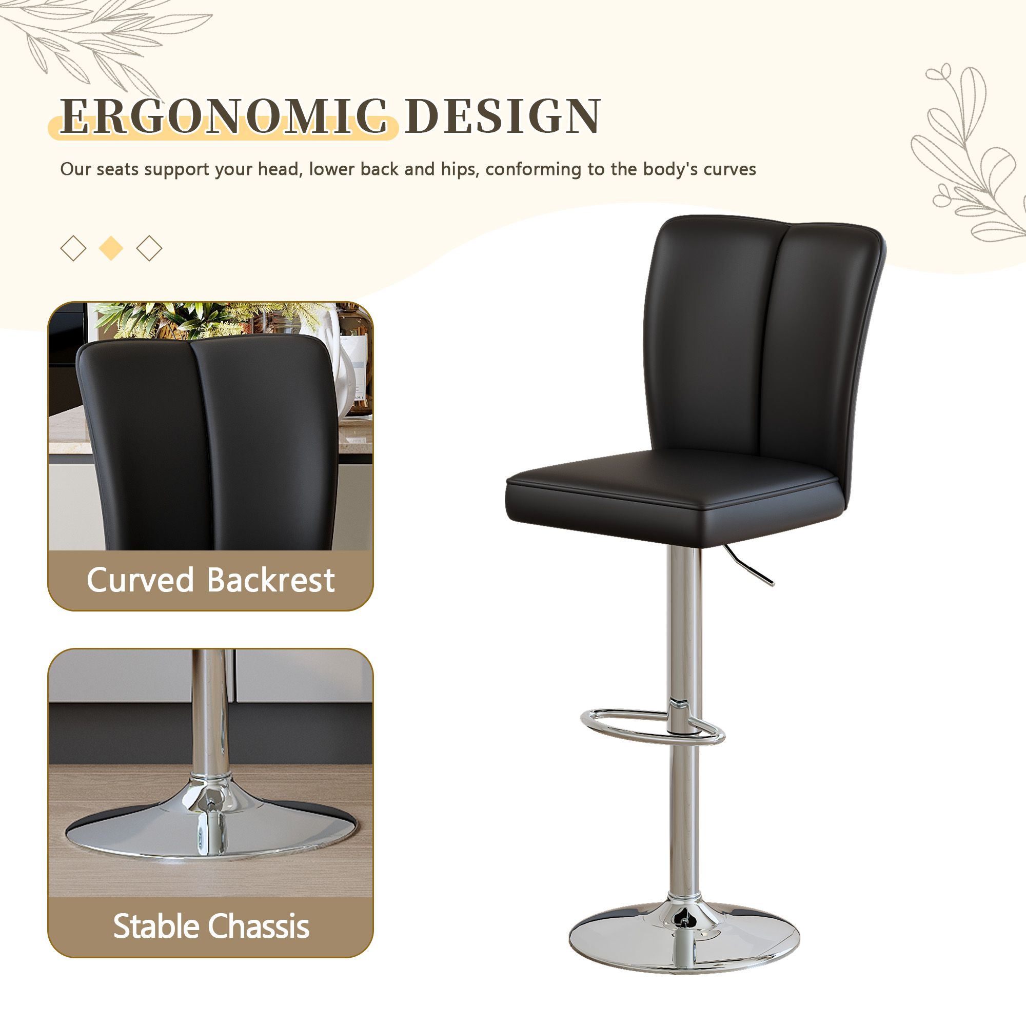 Bar Stool, Adjustable Bar Stool, Swivel Bar Stool&nbsp;Set of 2 with PU Leather Seat and Silver Metal Legs for Kitchen Counter, Home Bar or Cafe, Black and Silver