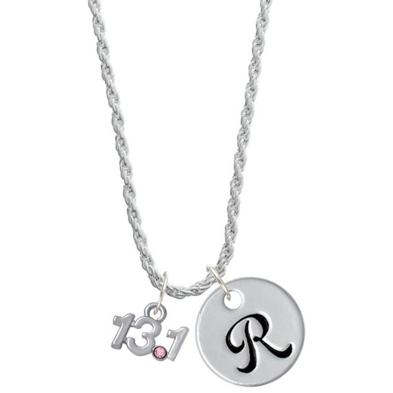 Delight Jewelry Silvertone Half Marathon - 13.1 with Pink Crystal Silvertone Script Initial Disc - R - Charm Necklace, 20"+3"
