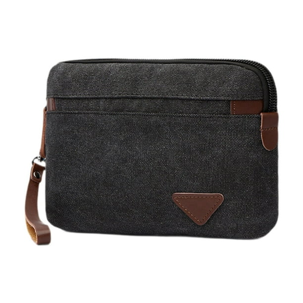Bolso de mano para hombre, tarjetero de identificación con correa de cuero, bolso de negocios moderno Negro